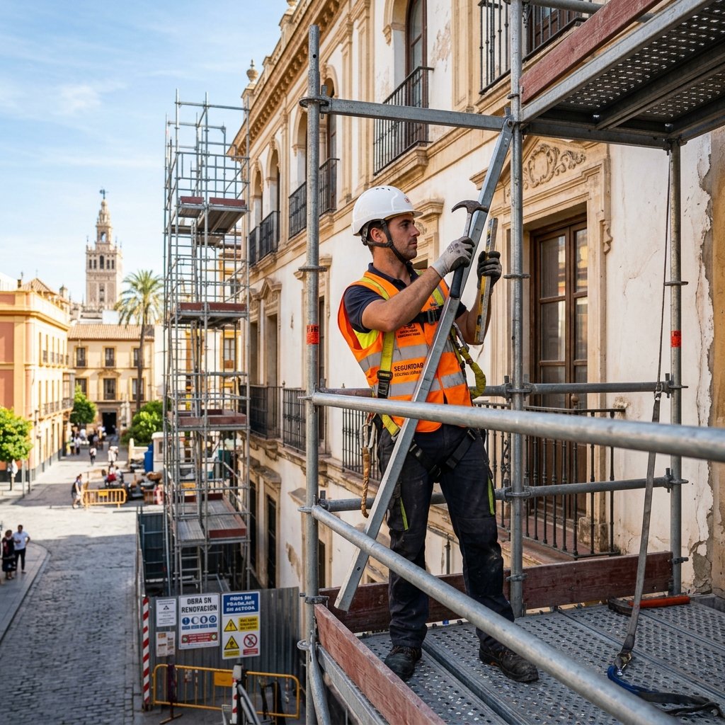 Montador de andamios profesional instalando estructura en Sevilla
