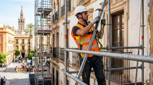 Montador de andamios profesional instalando estructura en Sevilla